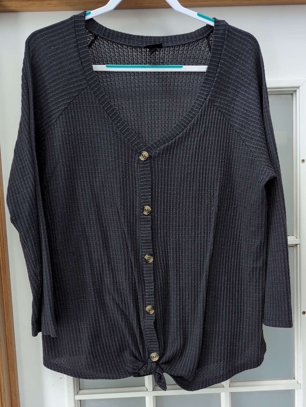 Torrid Navy Waffle Knit Button-Front Tie Hem Top